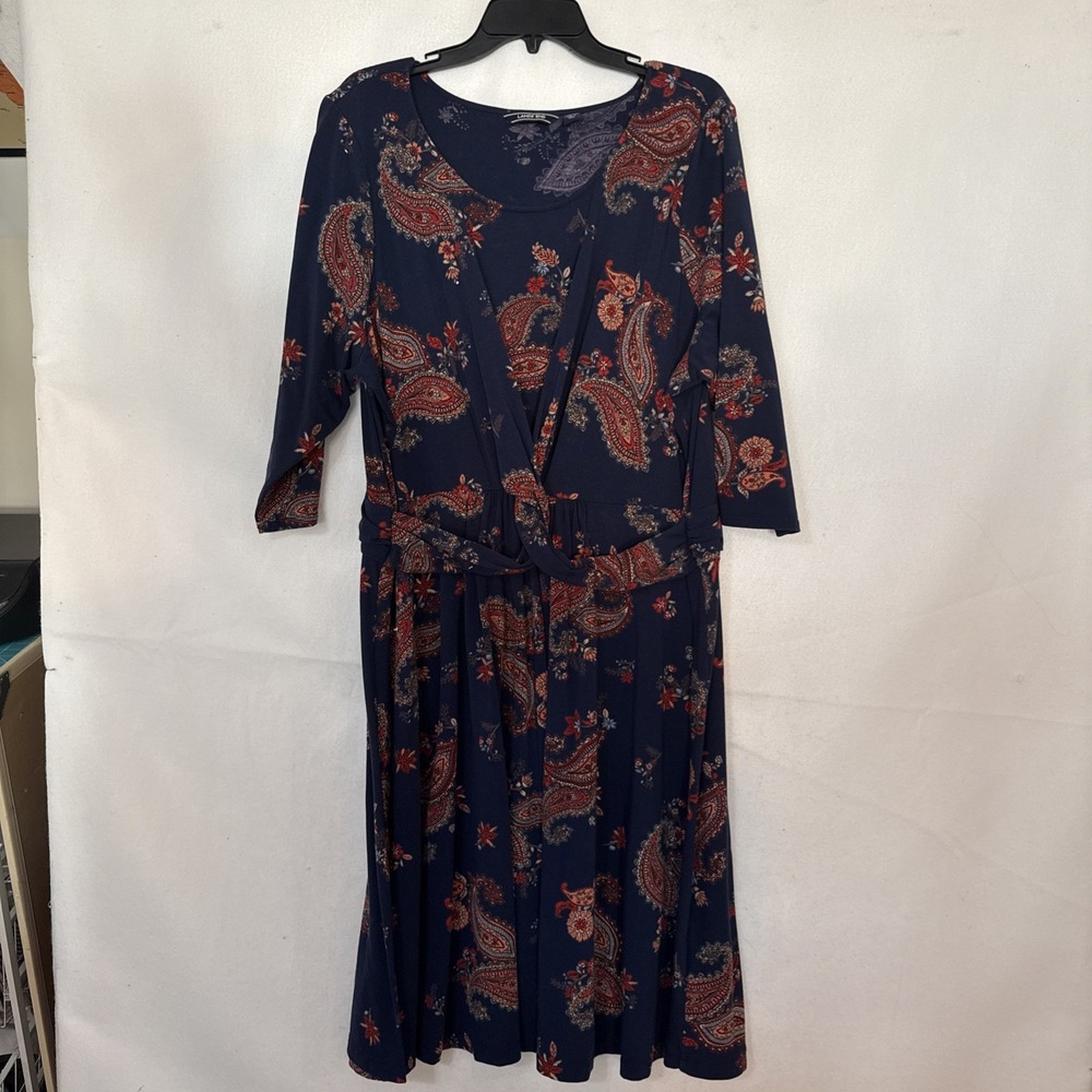 Lands End Navy Burgundy Paisley Midi Dress 3XL Plus Size Long Sleeve Knit Shift